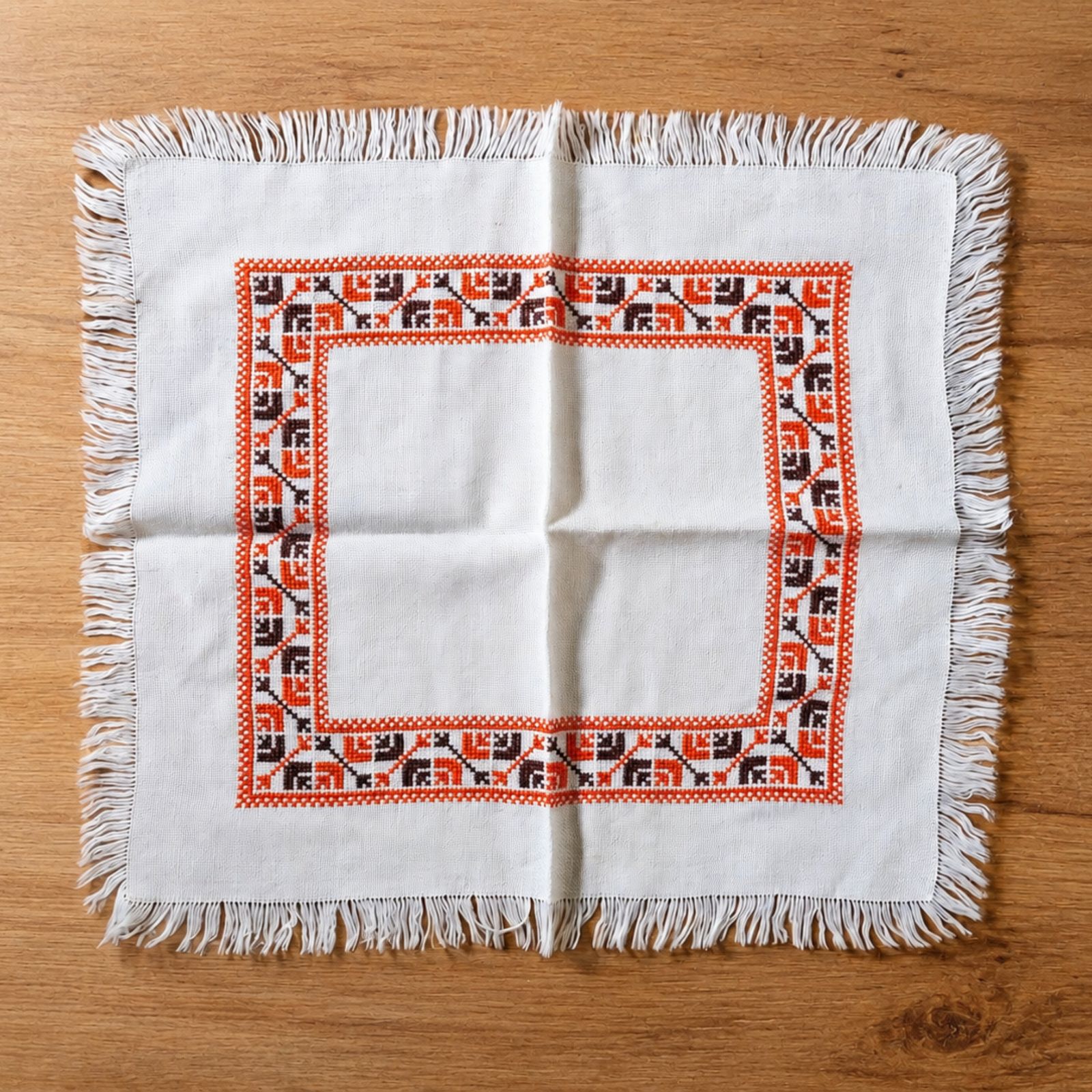Vintage Handmade Embroidered Scandinavian Fringed Small Table Mat Folk Textile 1970s photo vintage