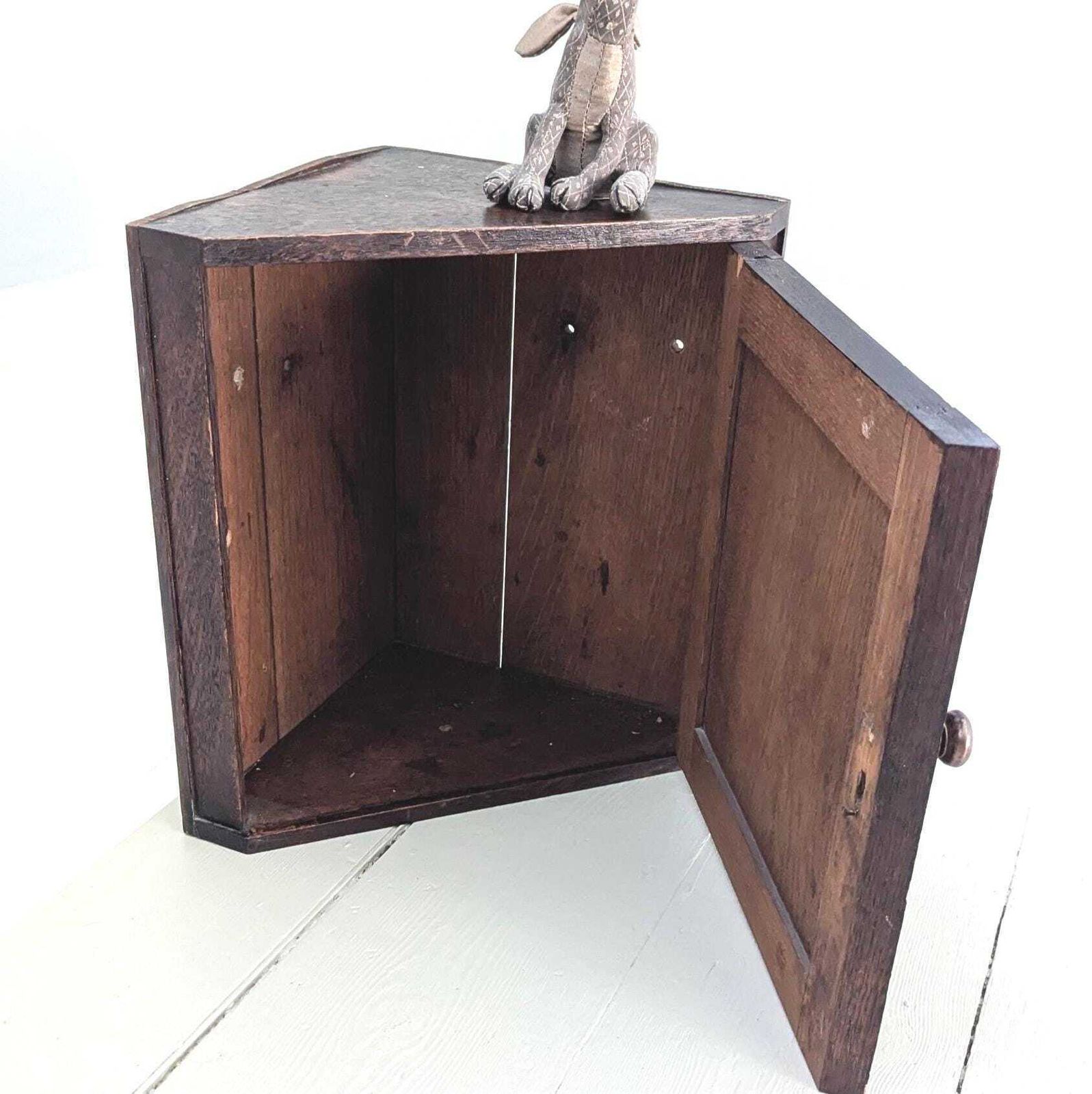 96.0 Antique Oak Corner Cupboard: Carved Grapes, Panelled Door, C19th Wall Hanging photo