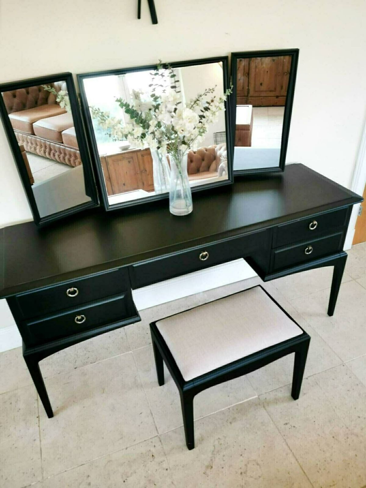 Spray Painted Matt Black Stag Minstrel Dressing Table Set With Triple Mirror & Stool photo Furniture