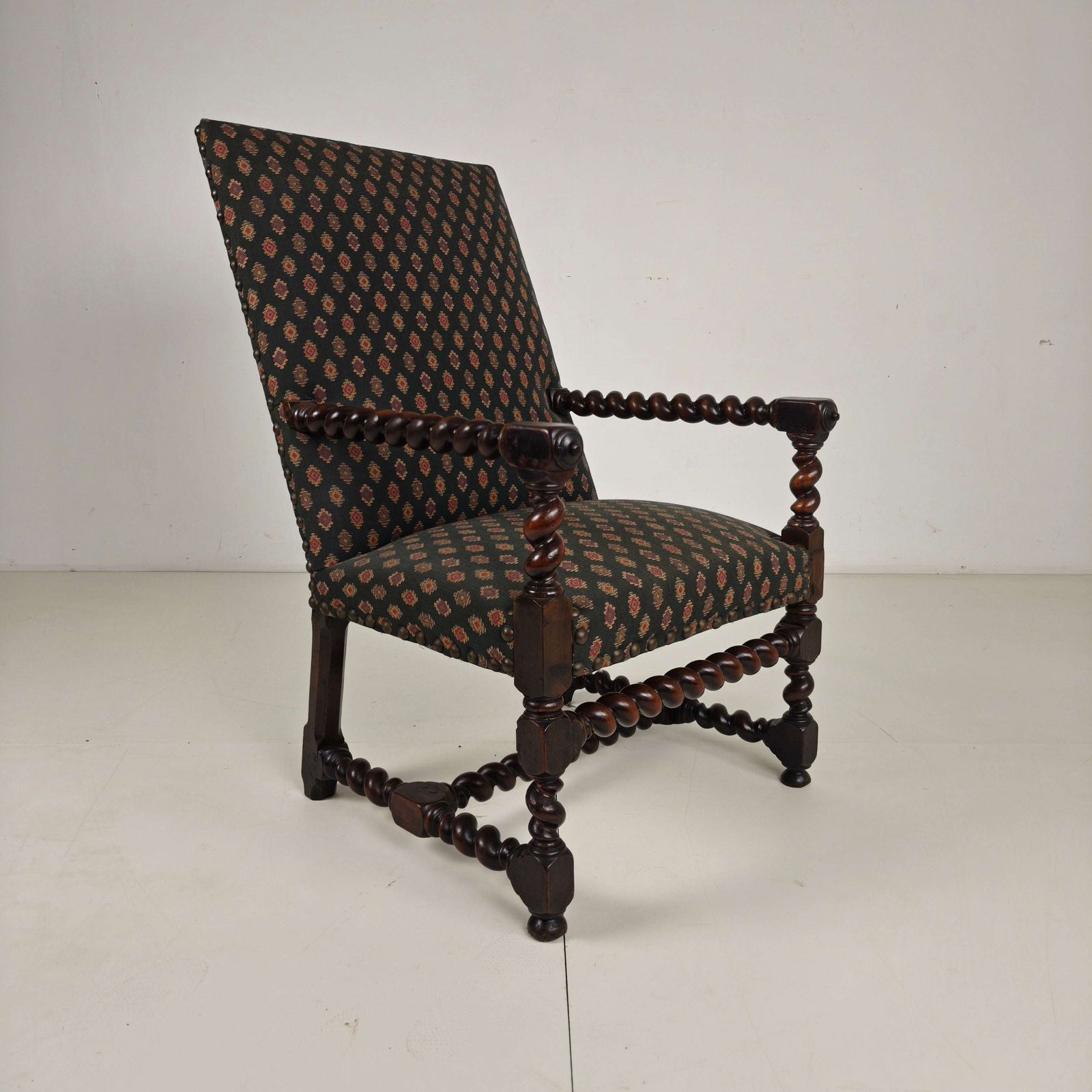 English Barley Twist Library Armchair In Dark Oak, Circa 1700