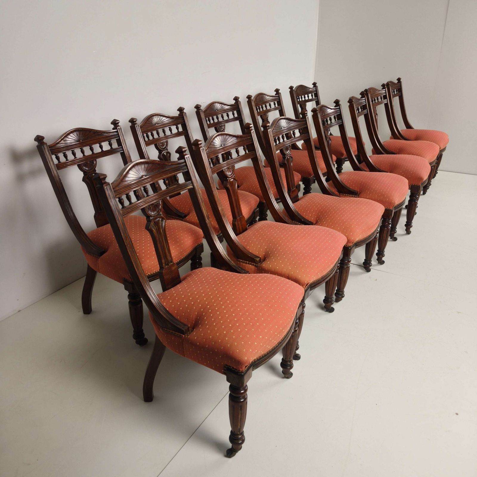 Set Of 12 Late Victorian Walnut Dining Chairs With Original Castors