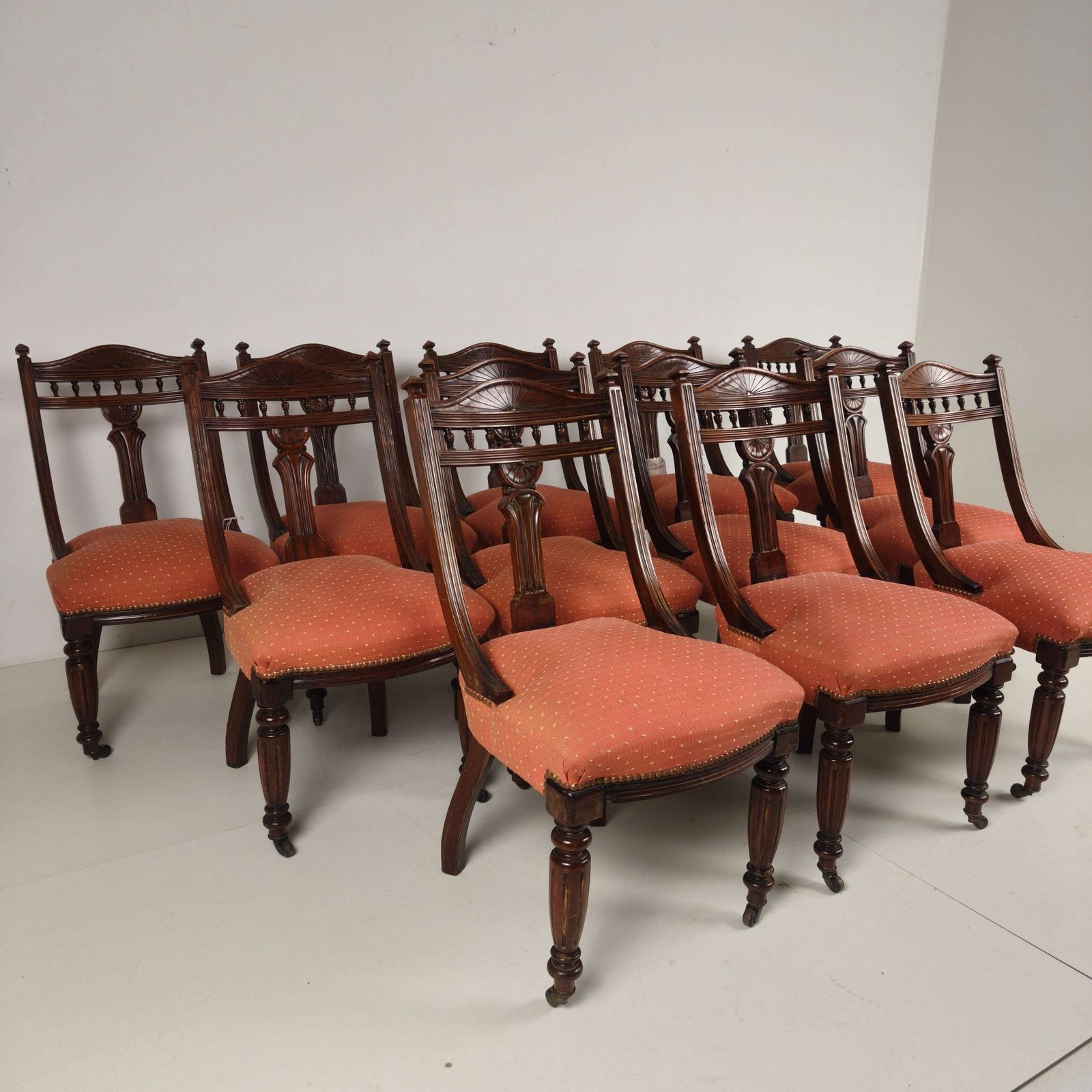 Set Of 12 Late Victorian Walnut Dining Chairs With Original Castors photo for sale