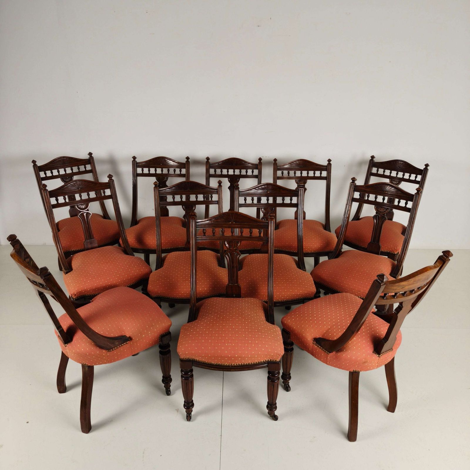 Set Of 12 Late Victorian Walnut Dining Chairs With Original Castors photo vinterior