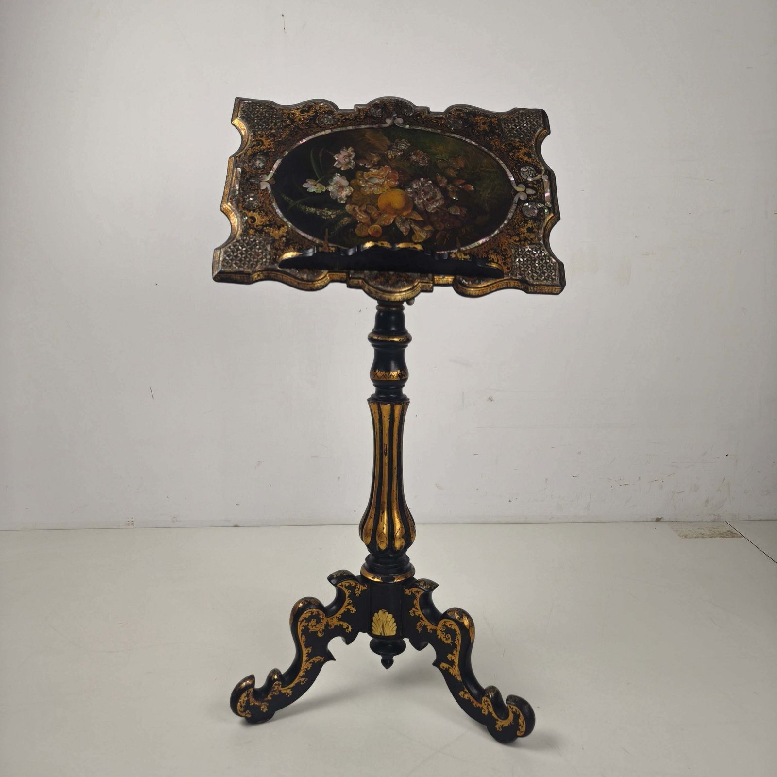 Antique French Papier Mâché Lacquer Music Stand With Mother Of Pearl Inlay C.1880 photo vintage
