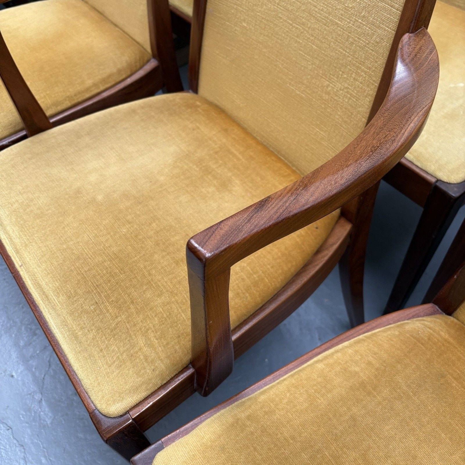 6 Mid Century Teak & Mustard Fabric G Plan Dining Chairs By Leslie Dandy 1960s photo vinterior