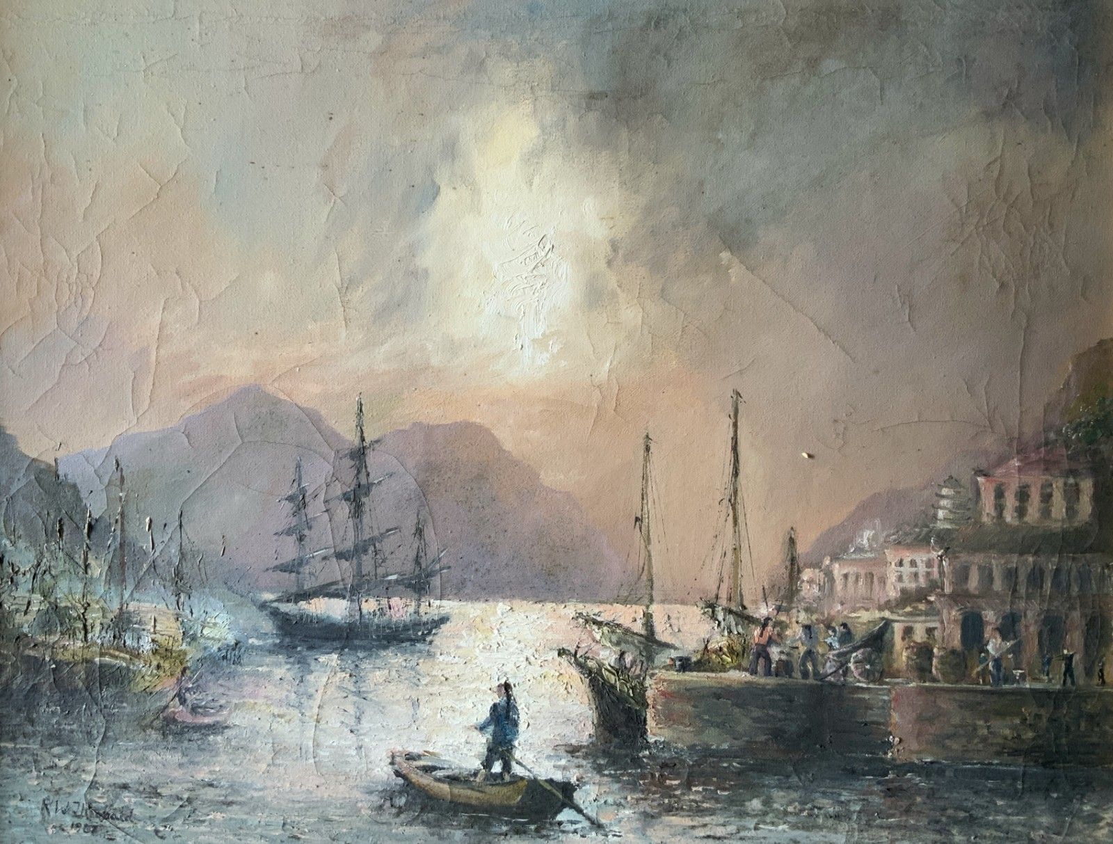 Seascape Oil Painting Moonlit Harbour Ships Signed Original 20th Century photo furniture