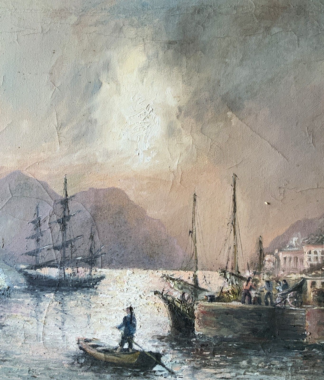 Seascape Oil Painting Moonlit Harbour Ships Signed Original 20th Century photo for sale