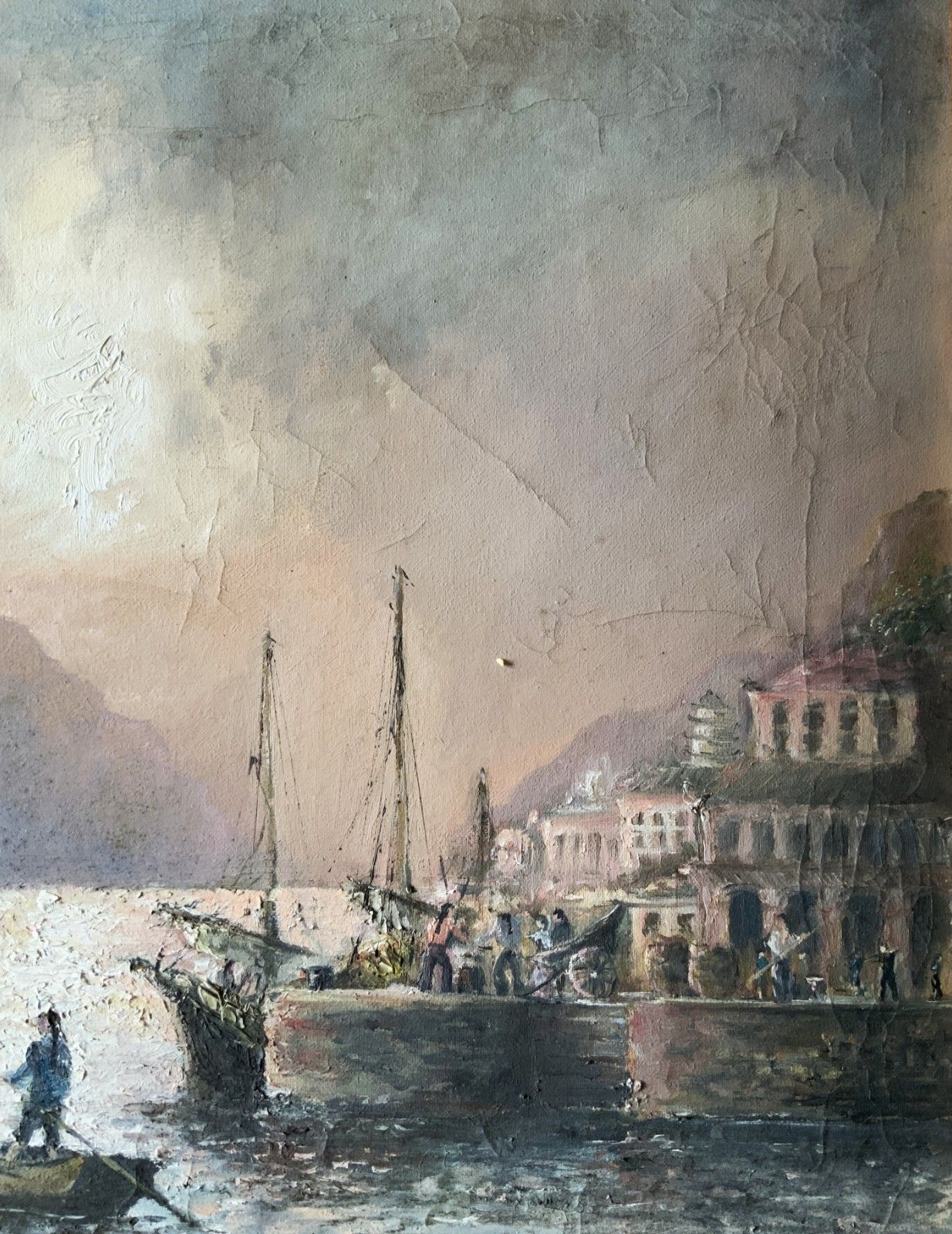 Seascape Oil Painting Moonlit Harbour Ships Signed Original 20th Century photo Art