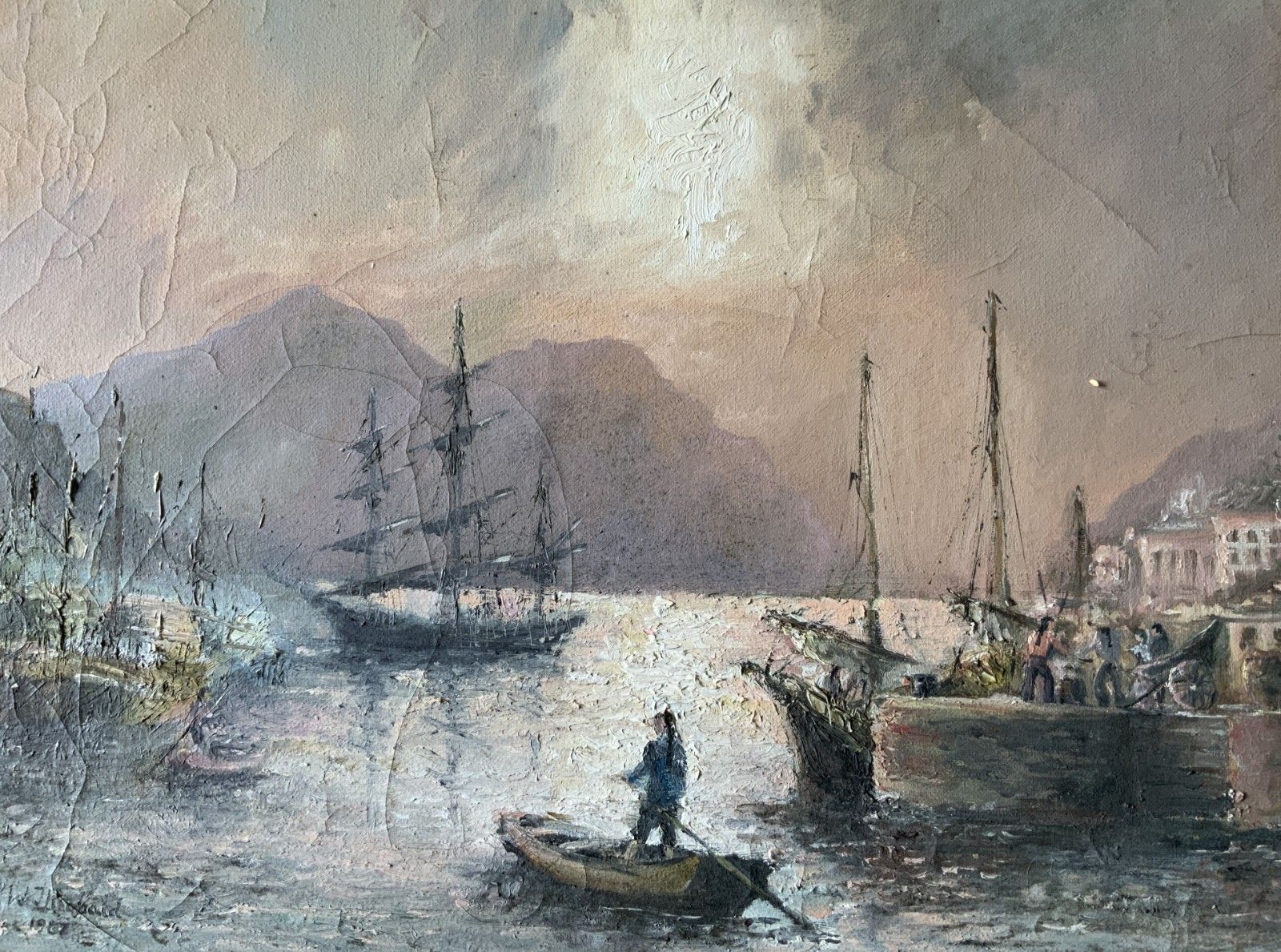 Seascape Oil Painting Moonlit Harbour Ships Signed Original 20th Century photo vinterior