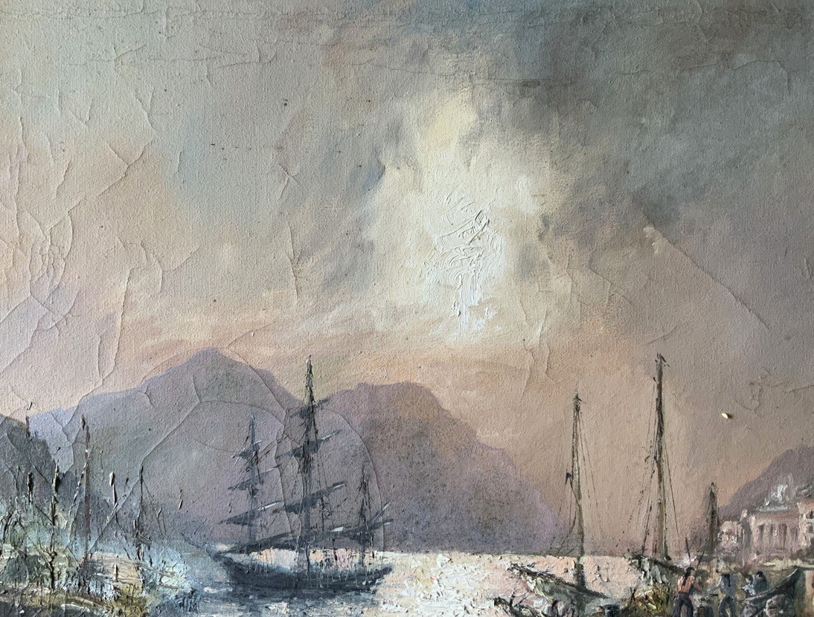 Seascape Oil Painting Moonlit Harbour Ships Signed Original 20th Century photo buy