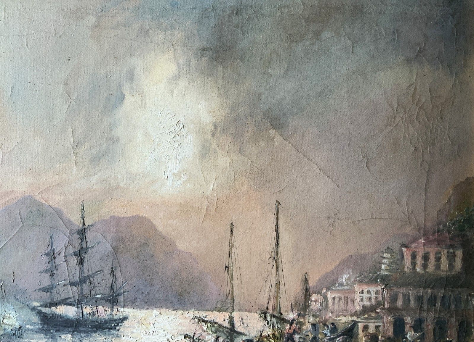 Seascape Oil Painting Moonlit Harbour Ships Signed Original 20th Century photo vintage