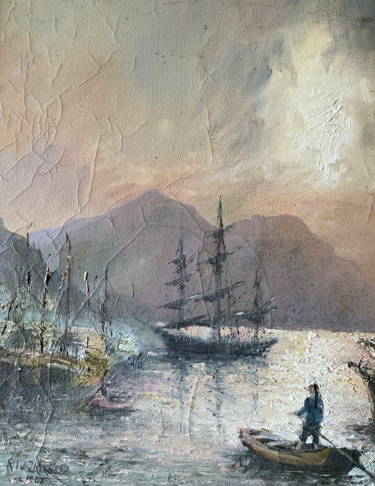 299.0 Seascape Oil Painting Moonlit Harbour Ships Signed Original 20th Century photo