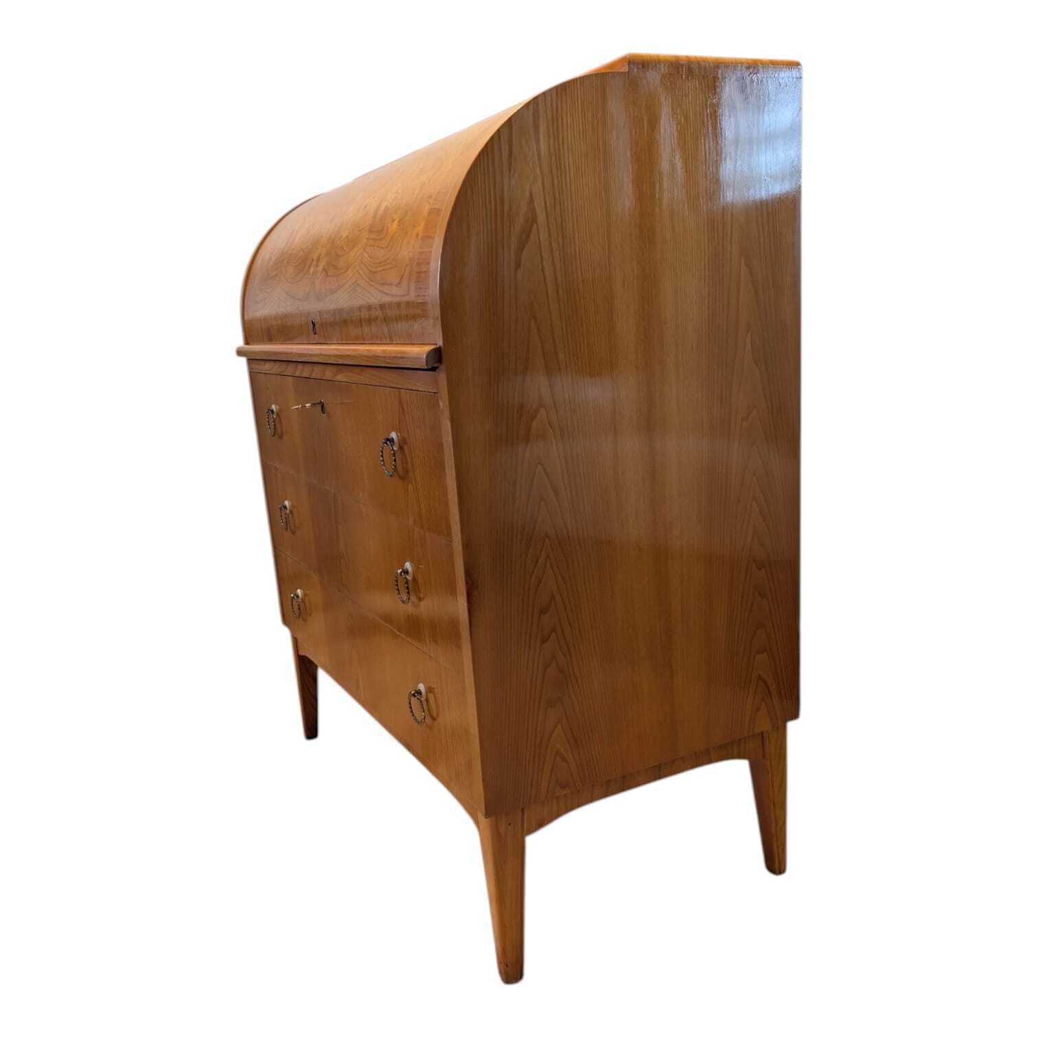 Vintage Scandinavian Teak Roll‑Top Secretary Desk, 1950s Mid Century Writing Bureau photo for sale