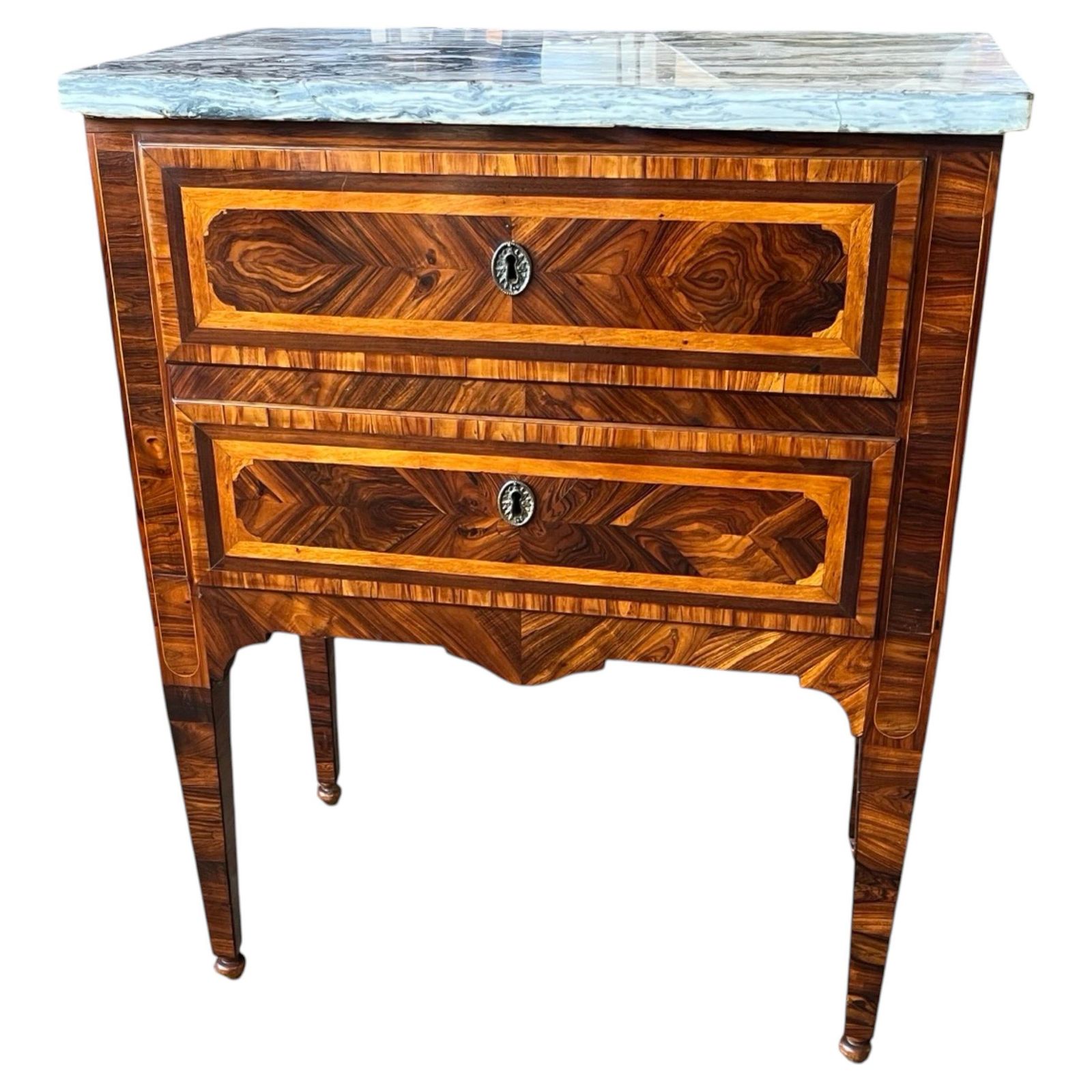 Italian Neoclassical Nightstand With Walnut Inlay And Thick Marble Top
