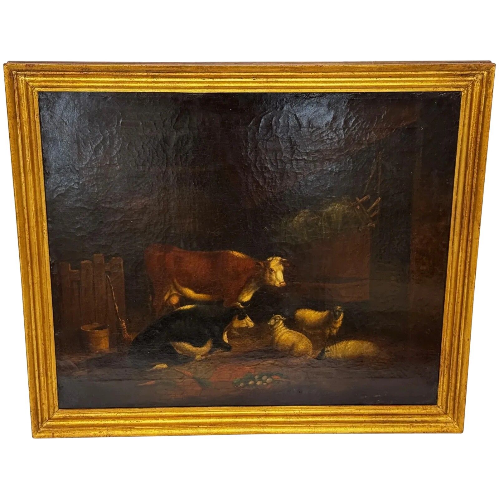 Schilderij Koeien en schapen schuilen in schuur, volgeling van Thomas Sidney Cooper, ca. 1850