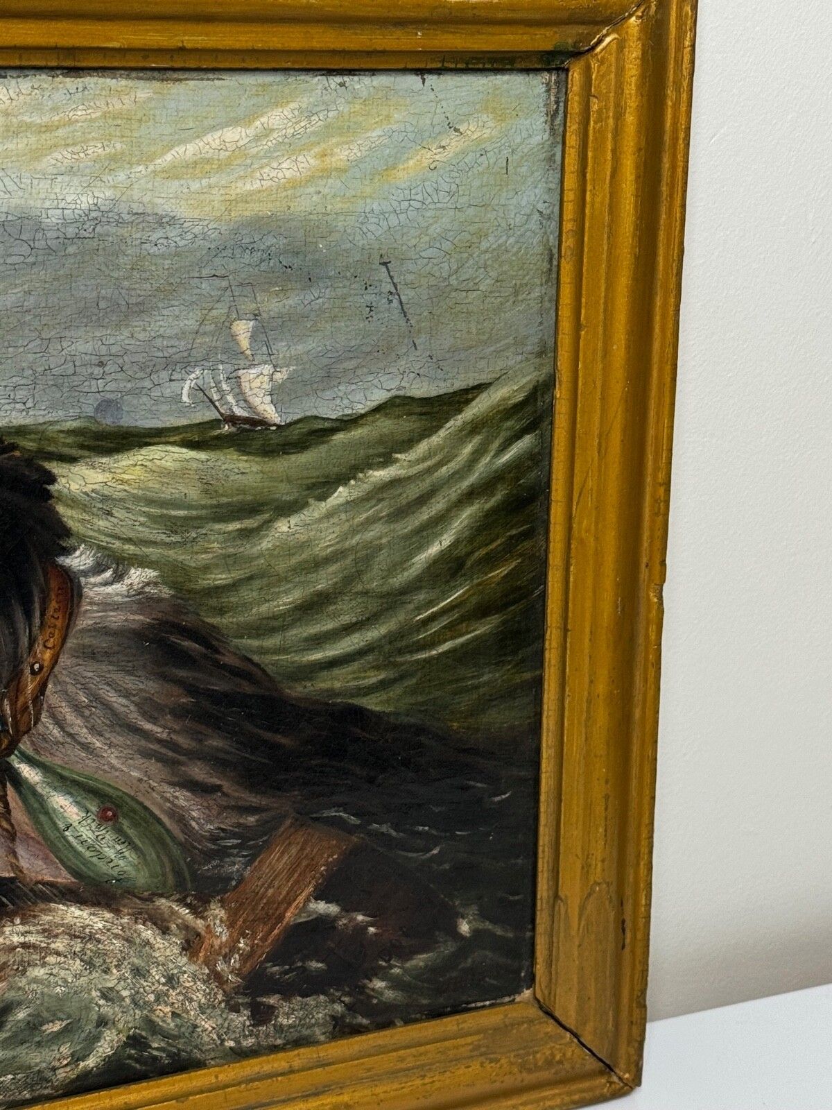 Marine Oil Painting Saint Bernard Dog Swamped Shipwrecked Approaching New York photo for sale