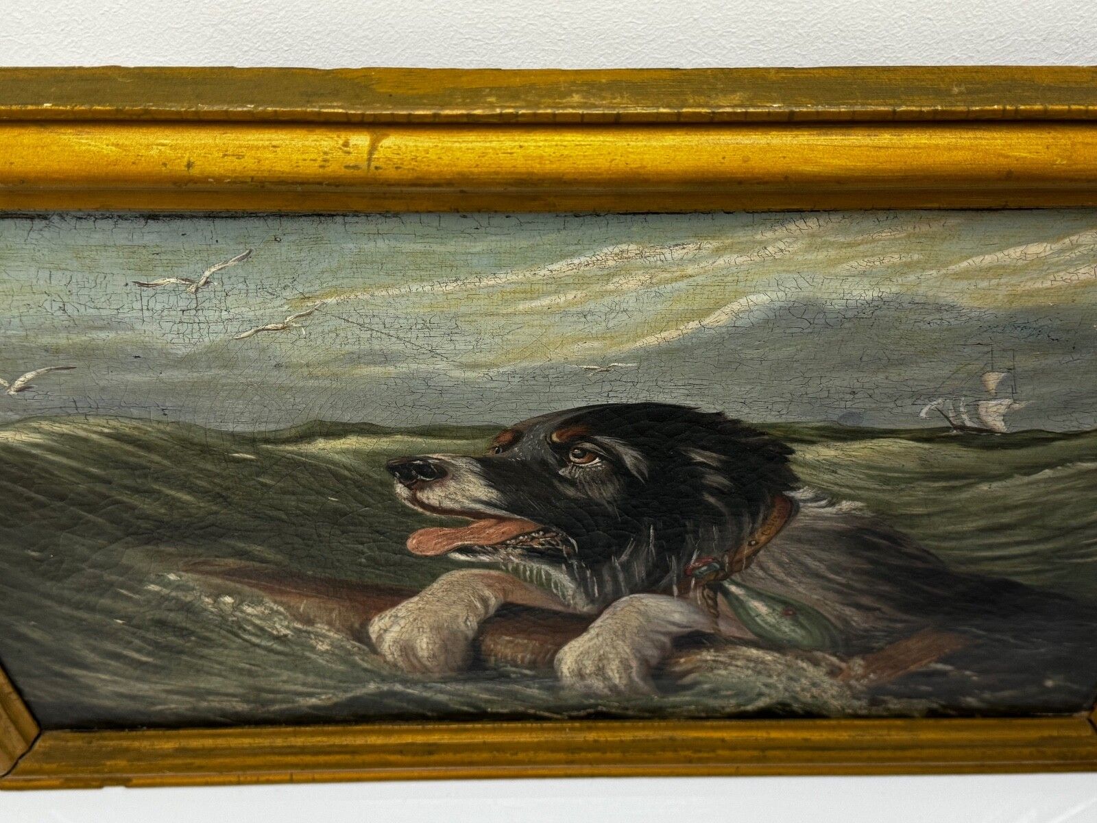 Marine Oil Painting Saint Bernard Dog Swamped Shipwrecked Approaching New York photo vinterior