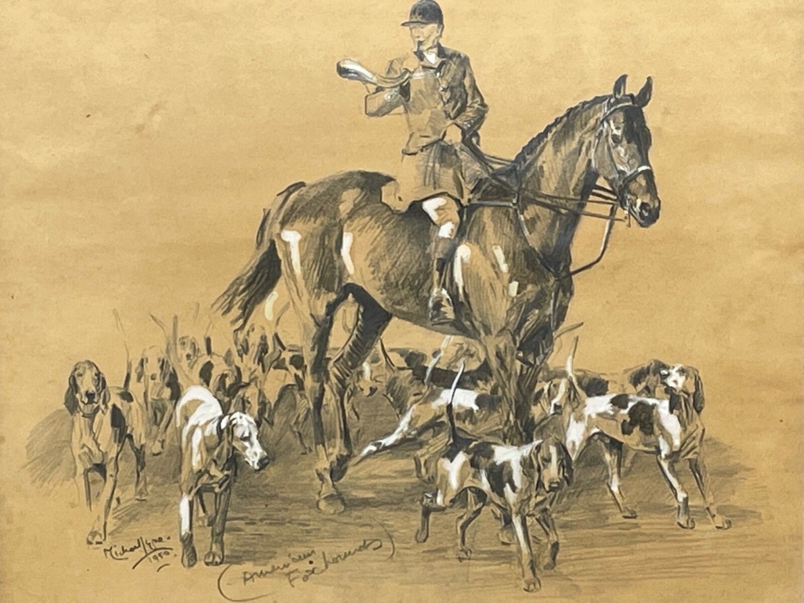 Jachttekening met witte hooglichting van American Foxhounds door Michael Lyne photo furniture