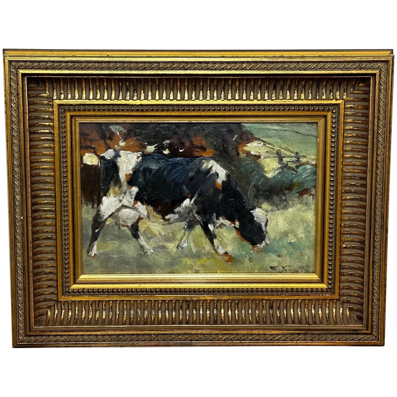 Olieverfschilderij Frisian koe grazend ca. jaren 1900, gesigneerd door George Smith RSA, Schots