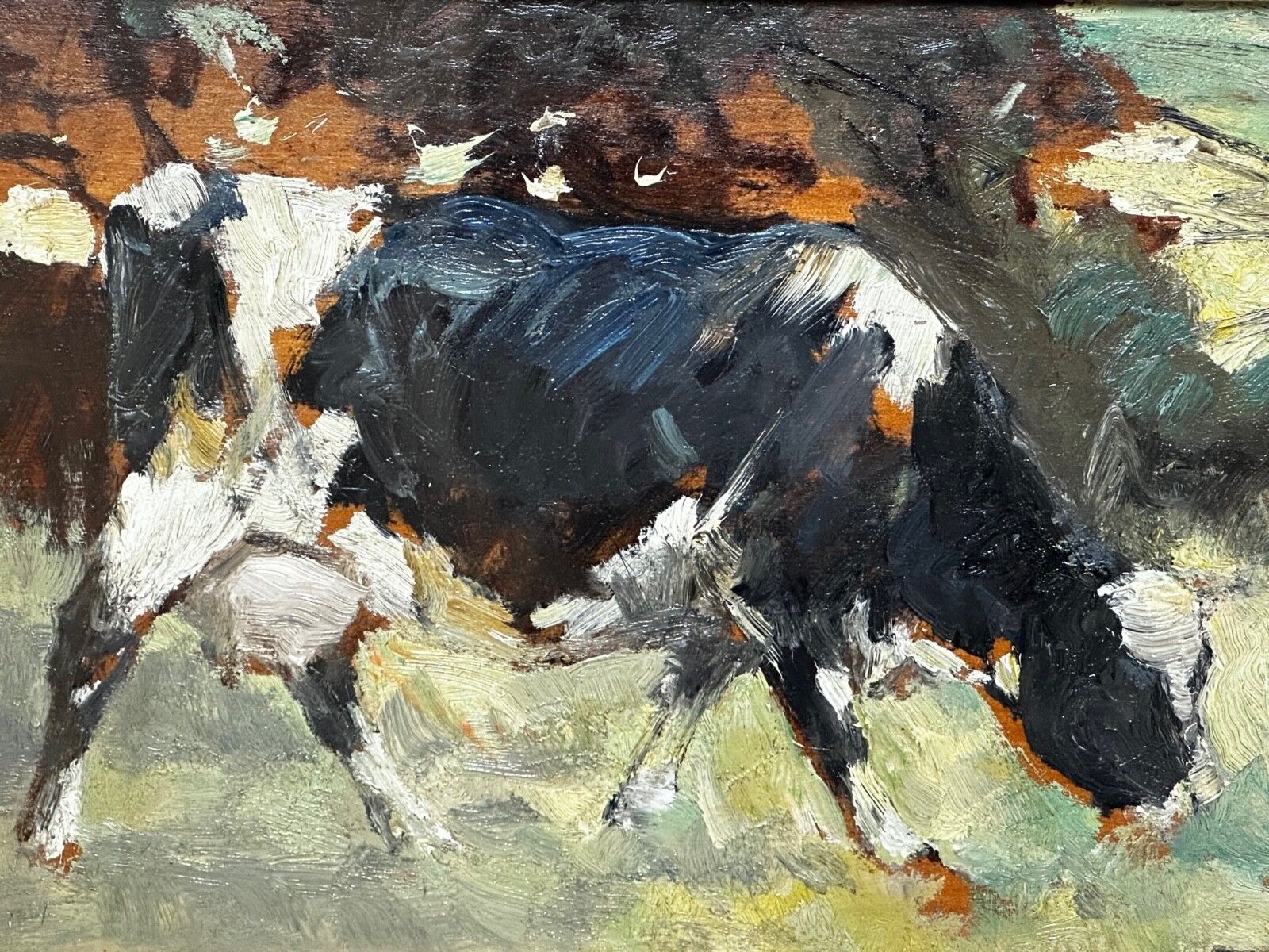 Olieverfschilderij Frisian koe grazend ca. jaren 1900, gesigneerd door George Smith RSA, Schots photo furniture