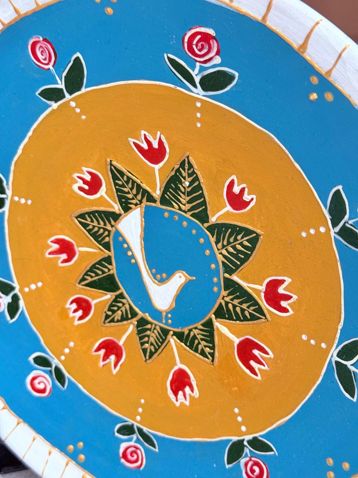 296.0 Hand Painted Wall Decorative Ceramic Plate With Dove & Floral Folk Art Design photo