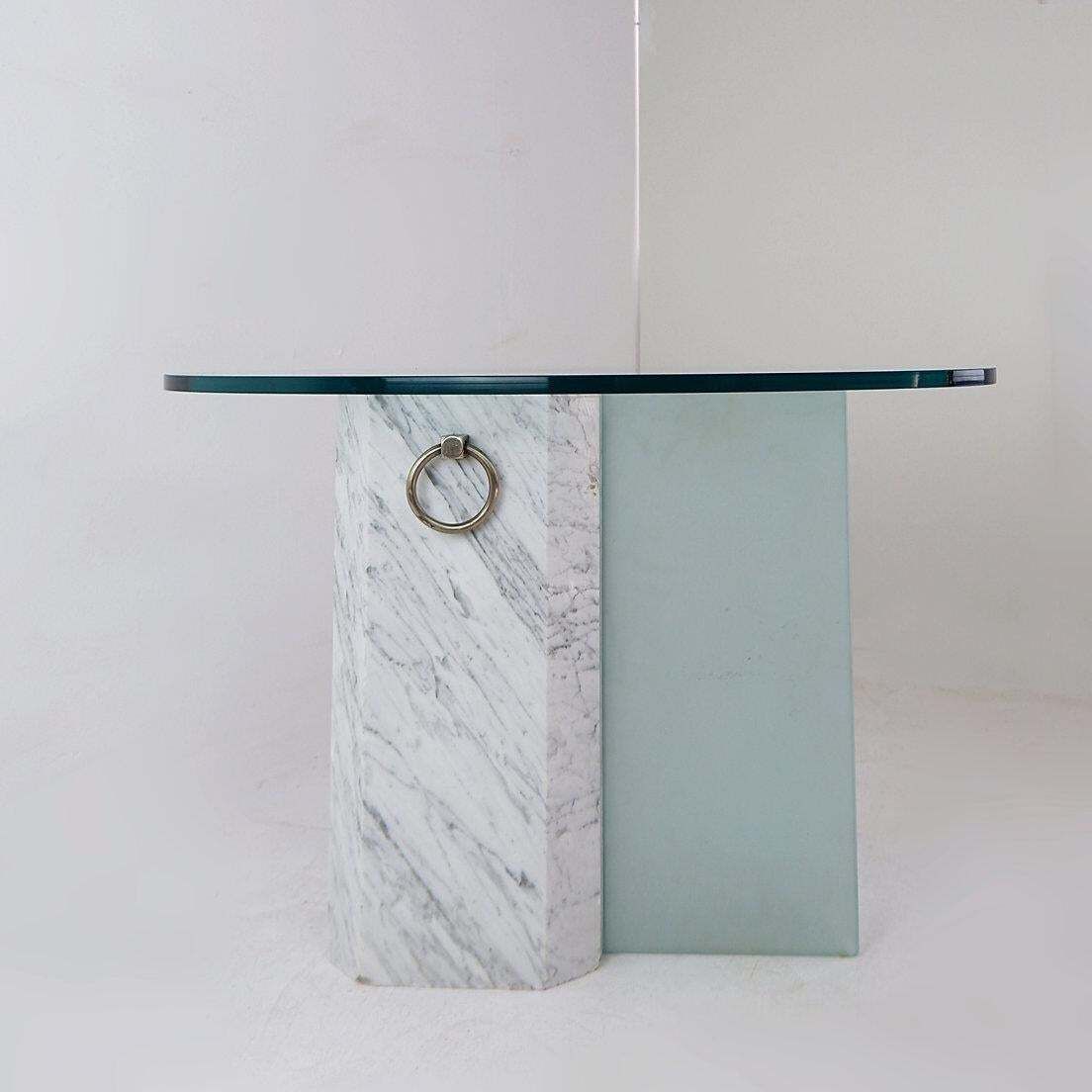 photo furniture Marble And Sandblasted Glass Side Table   Oval Glass Top   1980s