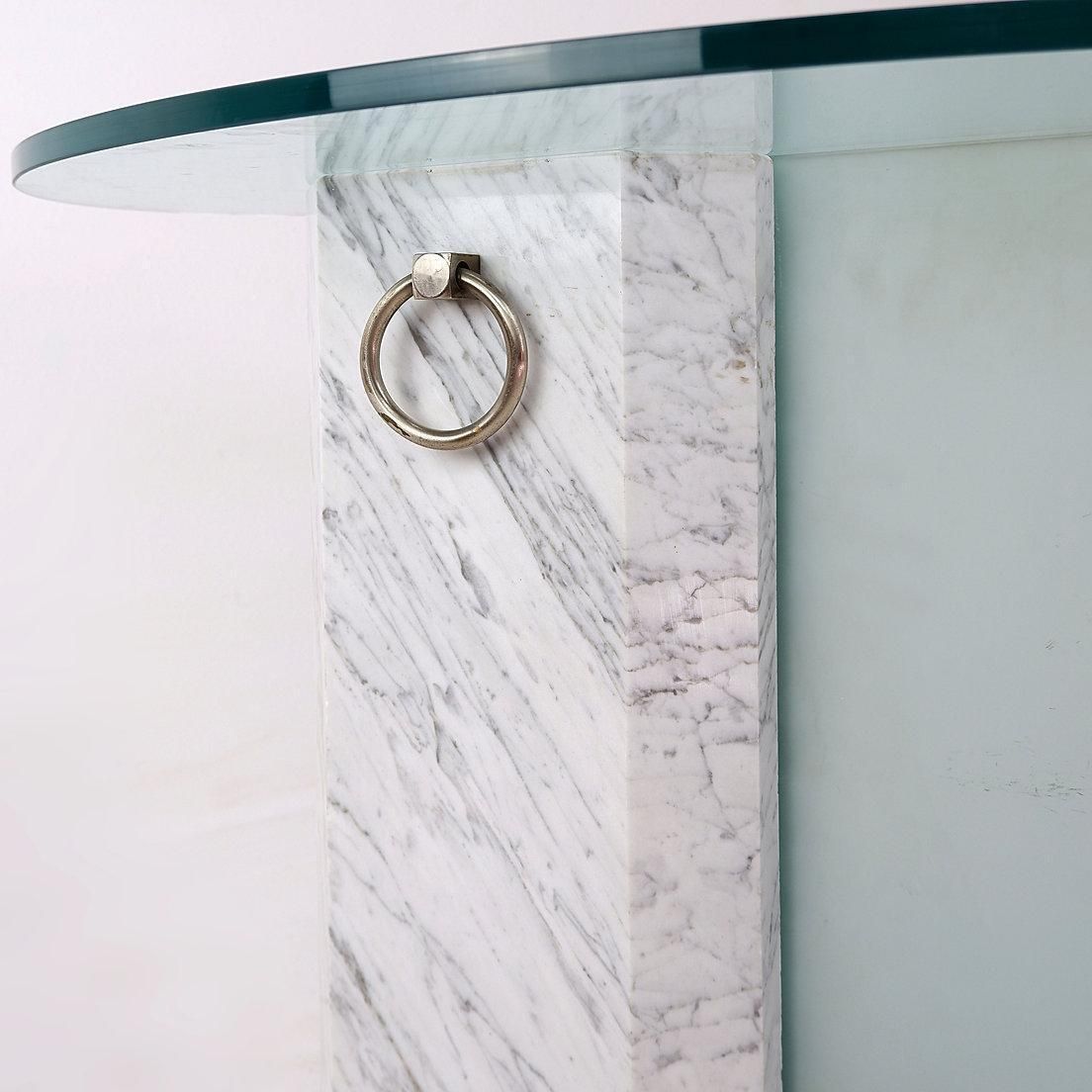 Furniture Marble And Sandblasted Glass Side Table   Oval Glass Top   1980s photo