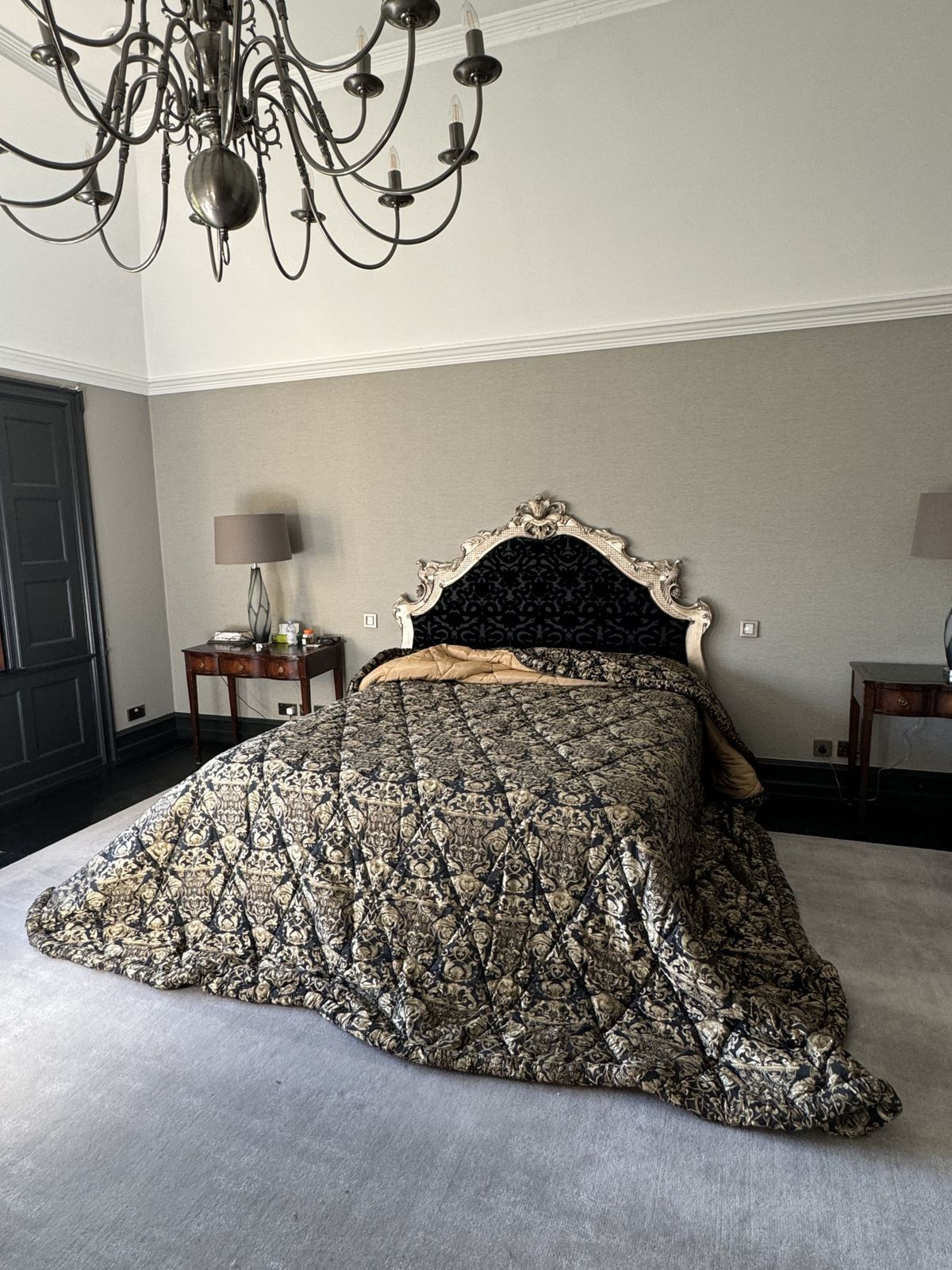 Custom Emperor Throw — Black & Gold Baroque Damask, Quilted, Ruffled Border | C.2002