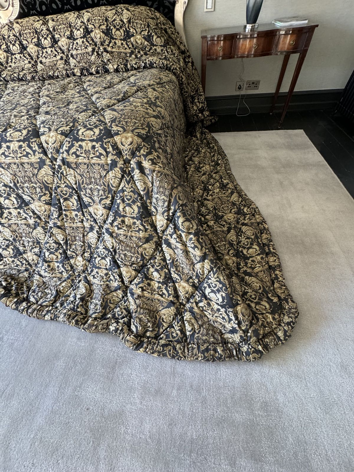 Custom Emperor Throw — Black & Gold Baroque Damask, Quilted, Ruffled Border | C.2002 photo buy