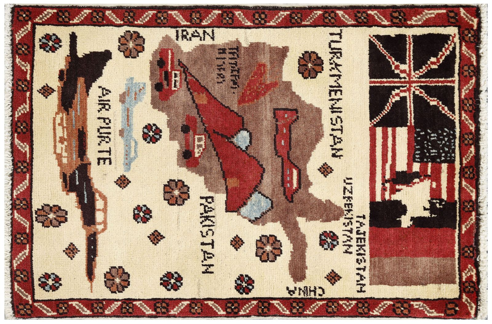 Afghan War Hand Knotted Ivory Pictorial Map Unique Rug photo buy