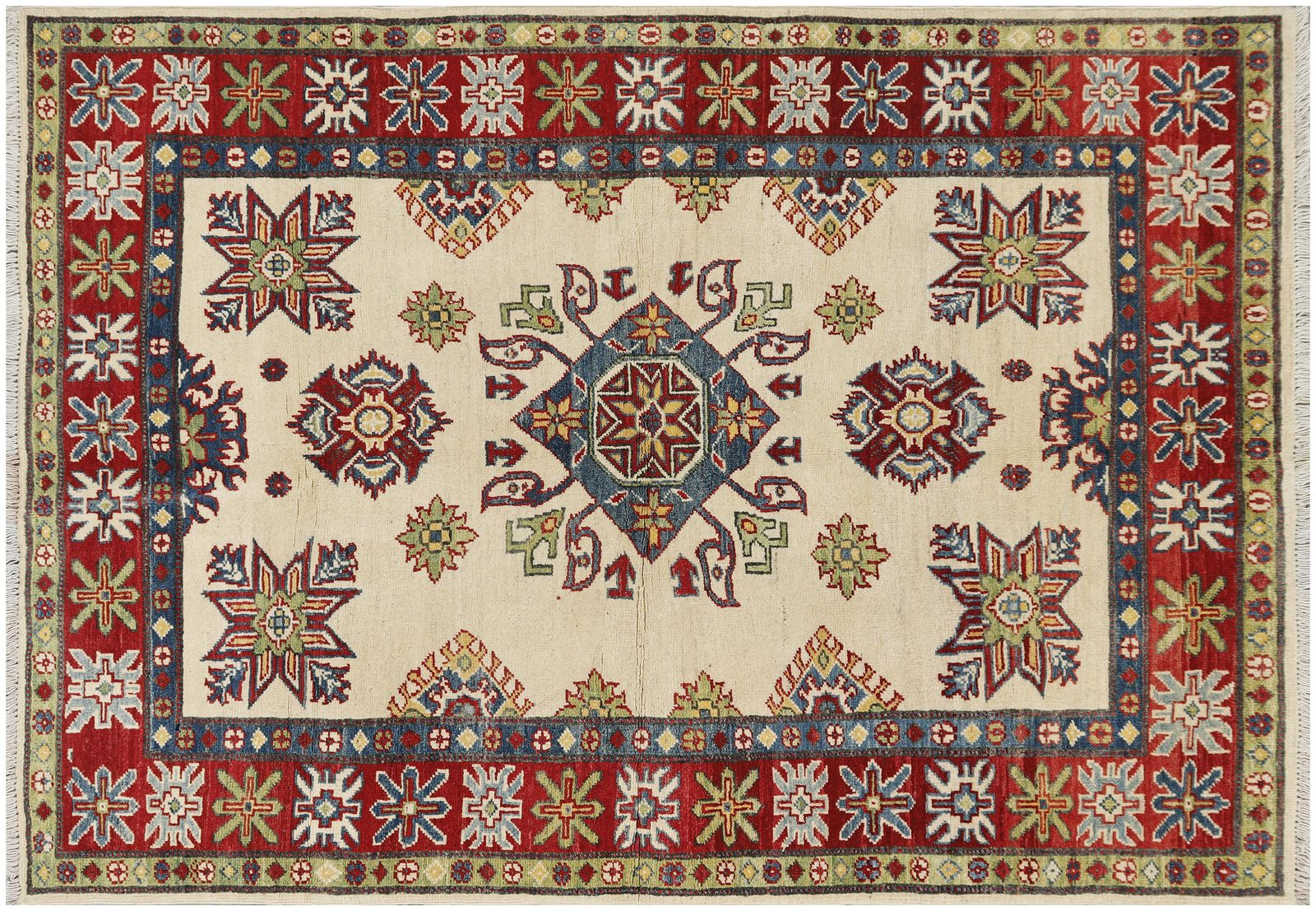 Kazak Ivory Red Hand Knotted Caucasian Geometric Rug photo buy