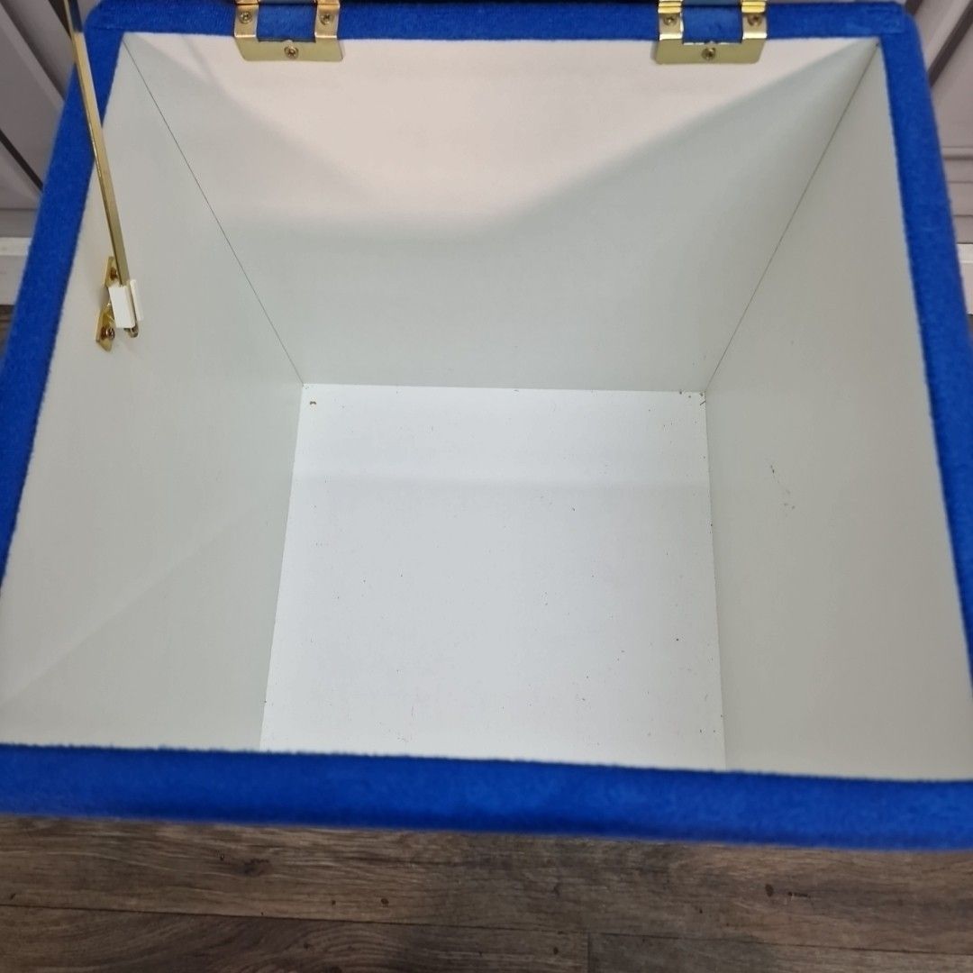 photo for sale Retro Vintage Ottoman Footstool Blue Upholstered Storage – Lift Up Lid Box Seat