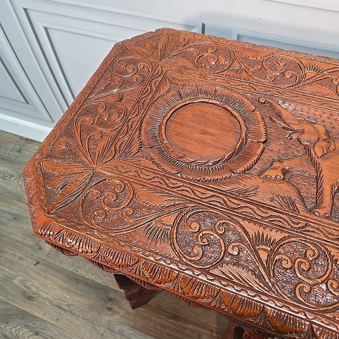 photo furniture Antique Vintage Side Table Indian Heavily Carved Wooden Elephant & Mythical