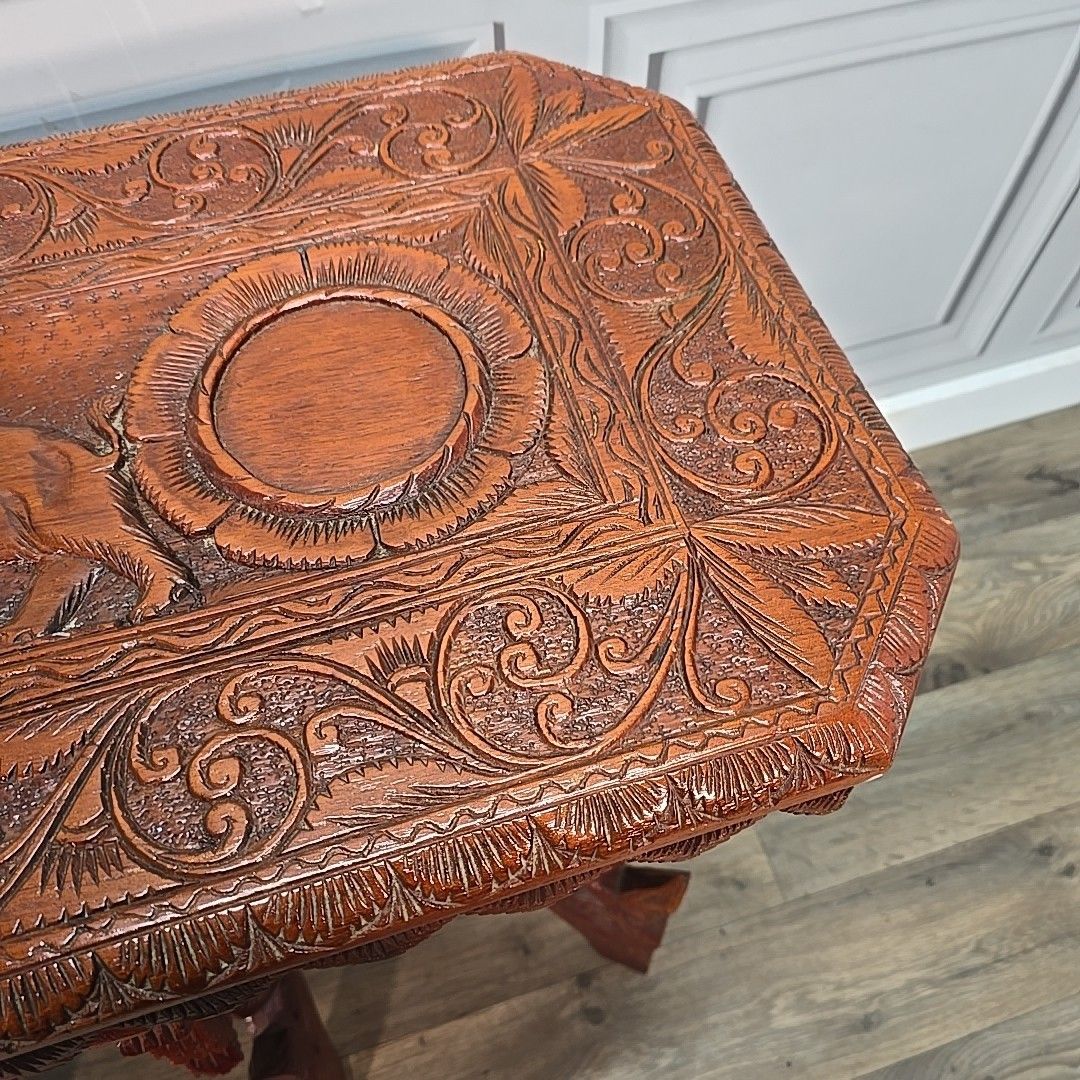 Furniture Antique Vintage Side Table Indian Heavily Carved Wooden Elephant & Mythical photo