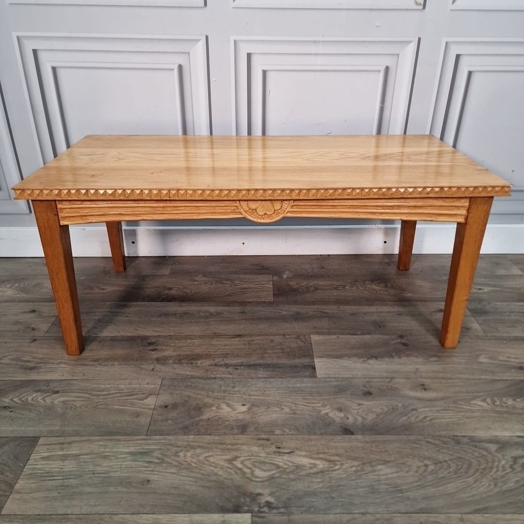 Vintage Coffee Table Solid Oak Carved Edge – Wooden Mid Century Arts & Crafts photo buy