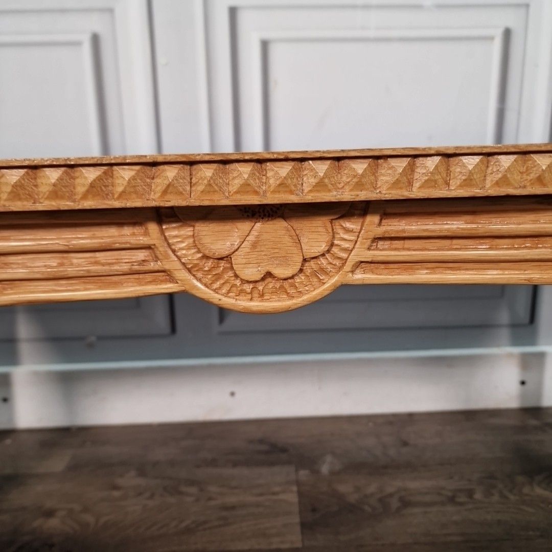 photo furniture Vintage Coffee Table Solid Oak Carved Edge – Wooden Mid Century Arts & Crafts
