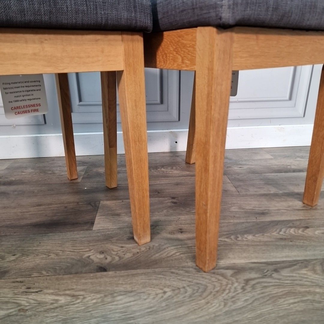 photo vintage Pair Contemporary Dining Chairs Grey Upholstered Seats Wooden Modern Oak