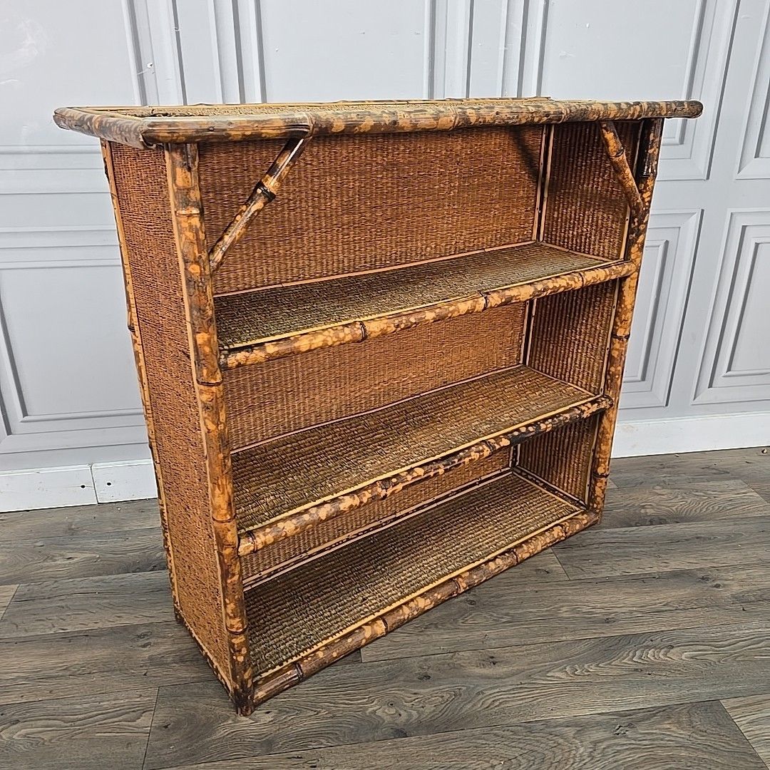Victorian Aesthetic Bamboo Bookcase Wicker – Anglo Japanese Open Cabinet Tiger photo for sale