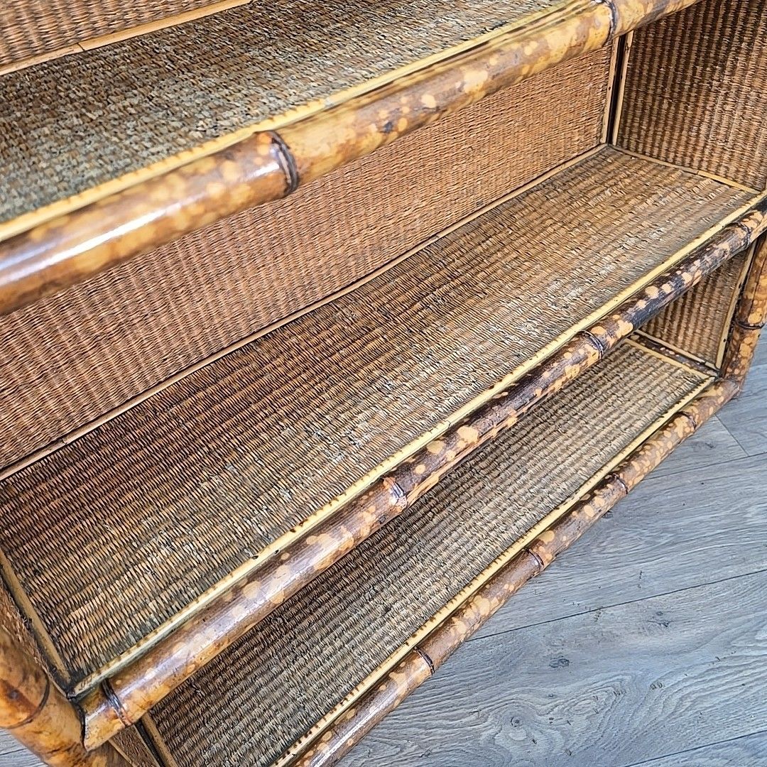 photo for sale Victorian Aesthetic Bamboo Bookcase Wicker – Anglo Japanese Open Cabinet Tiger