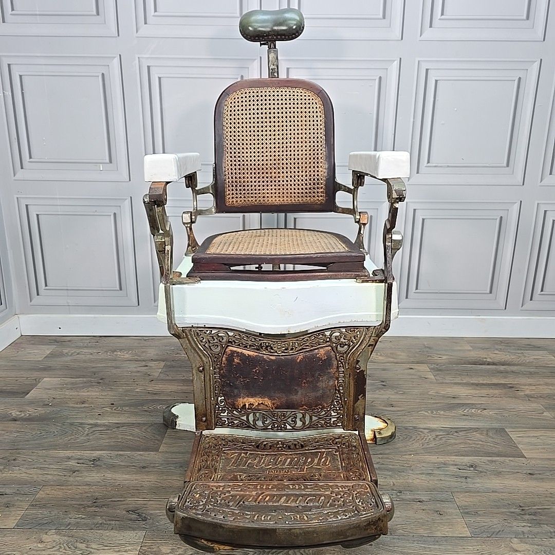 Antique Triumph Barbers Chair Cast Iron & Cane Display Tattoo Barber photo for sale