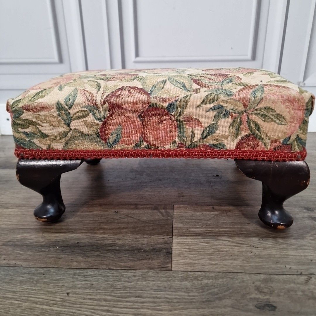 Antique Small Floral Footstool Queen Anne Cabriole Legs Upholstery Wood Vintage photo for sale