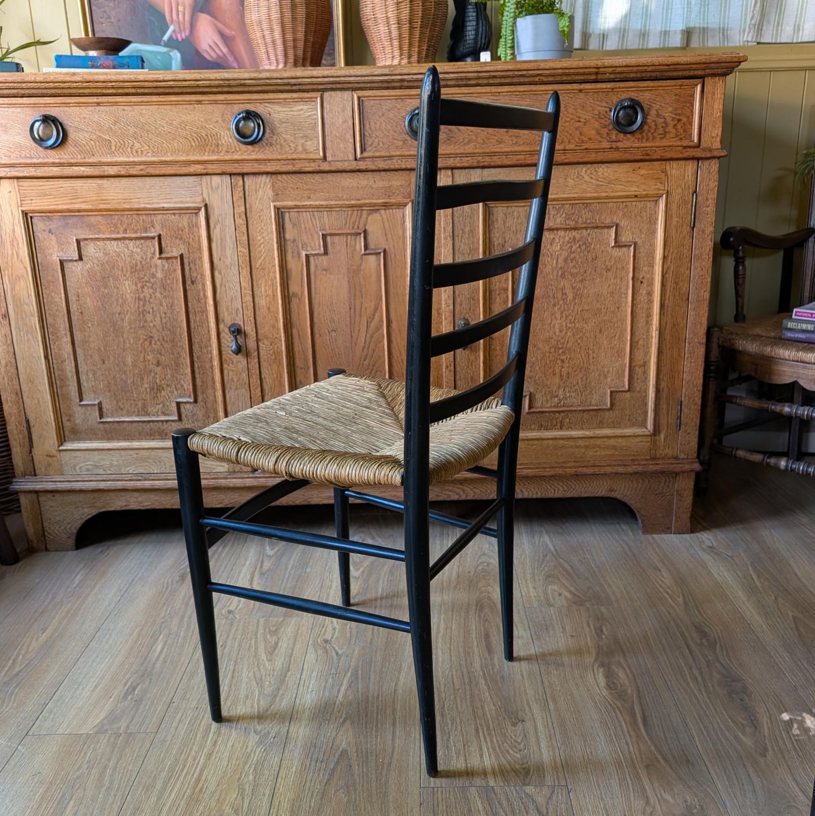 Set Of 6 Italian Mid Century Modern Ladder Back Chairs With Rush Seats photo for sale