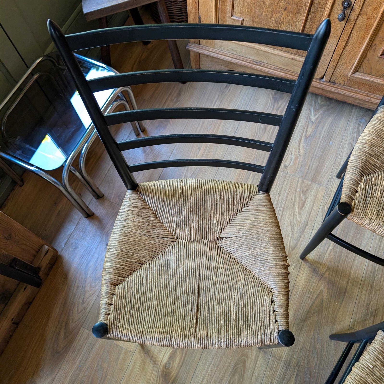 Set Of 6 Italian Mid Century Modern Ladder Back Chairs With Rush Seats photo 495.0