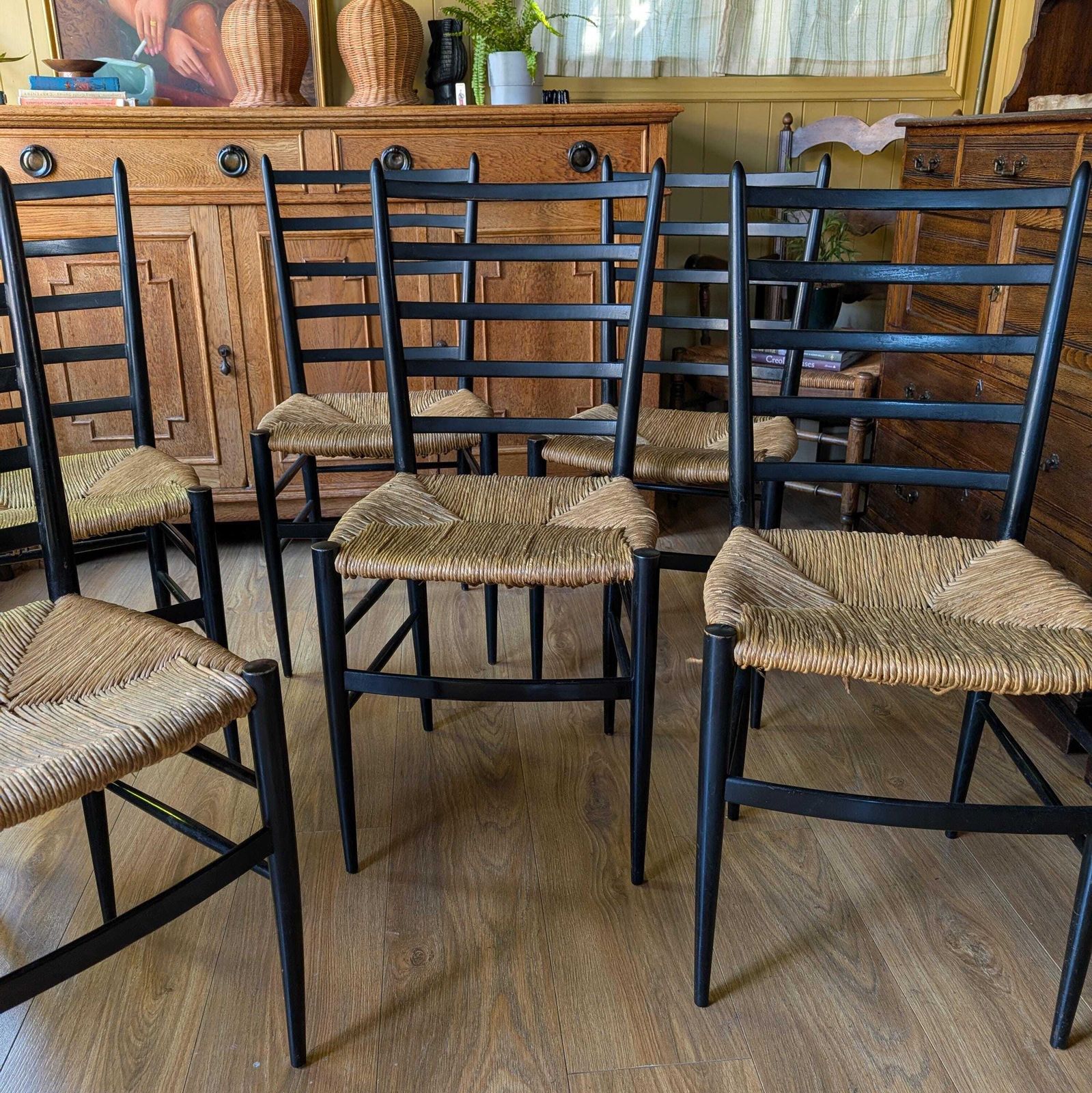 photo furniture Set Of 6 Italian Mid Century Modern Ladder Back Chairs With Rush Seats