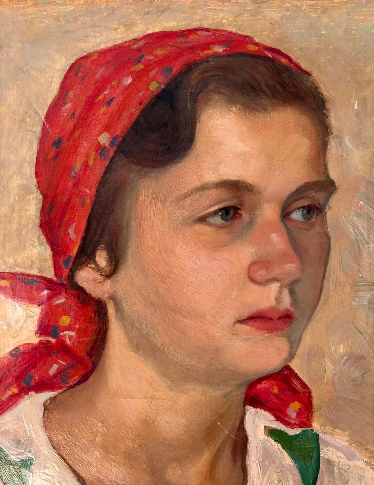 Antique 1939 Oil Painting Portrait Of Farmer Woman, Red Headscarf, Signed European Rural Portrait photo furniture