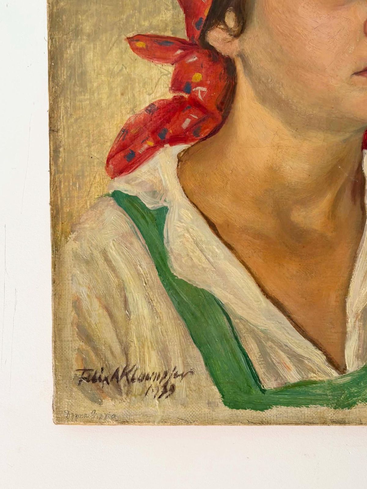 Antique 1939 Oil Painting Portrait Of Farmer Woman, Red Headscarf, Signed European Rural Portrait photo for sale