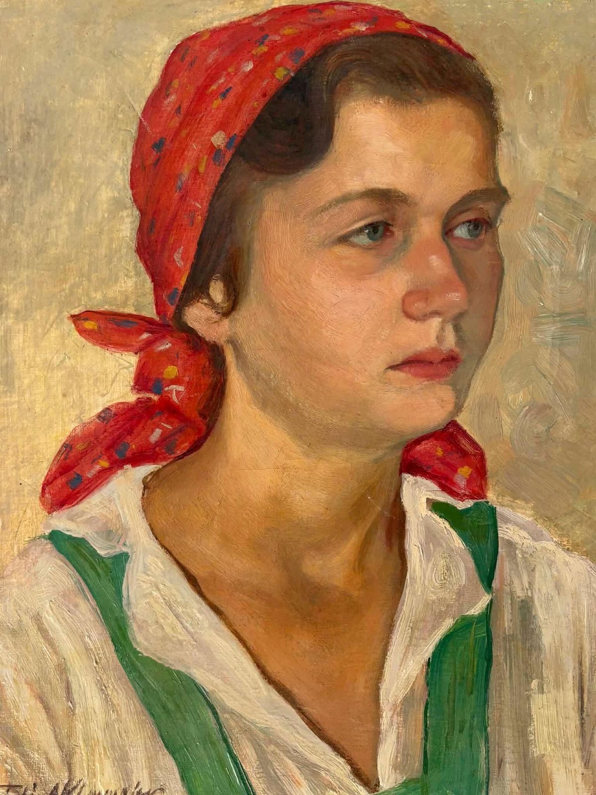 Antique 1939 Oil Painting Portrait Of Farmer Woman, Red Headscarf, Signed European Rural Portrait photo buy