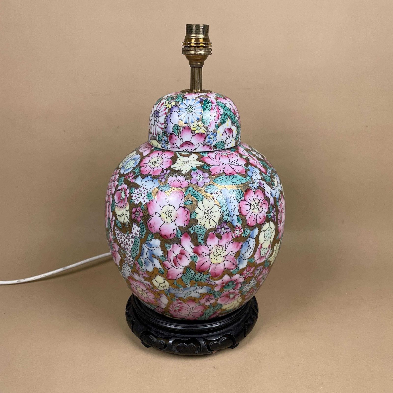 Oriental Ceramic Baluster Vase Lamp Hand Painted Pink Gold Floral Porcelain Table Lamp Chinoiserie Ornate Pattern Wood Base Ginger Jar Large photo vinterior