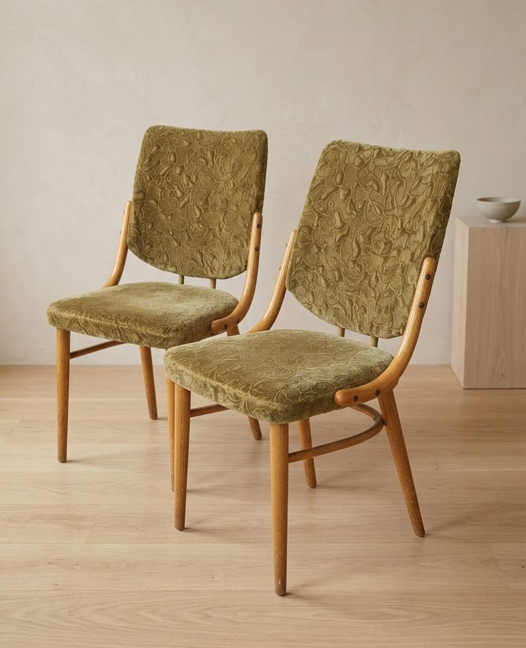 Bentwood Eetkamerstoelen, Set Van 4 – Retro Beukenhouten Stoelen Met Olijfgroene Velours Bekleding, Ton, Jaren 1960–1970, Tsjecho Slowakije photo Meubels