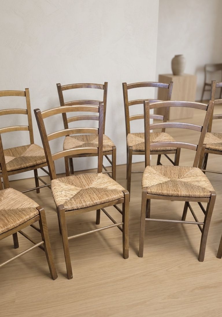 Set Of 8 Scandinavian Dining Chairs, Wooden Frame & Woven Rattan Seats, Gemla Fabrikers Ab, 20th Century photo for sale